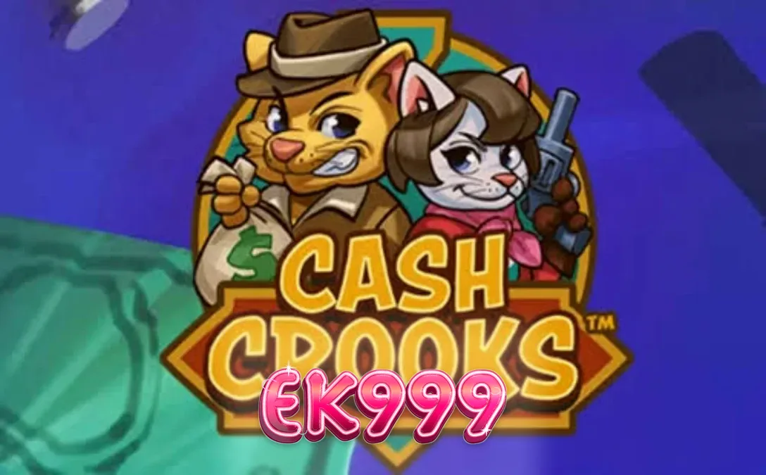 Cash Crooks স্লট গেমের একটি দৃশ্য যেখানে ভল্ট ডায়াল এবং কার্টুনিশ বিড়াল অপরাধীদের দেখা যাচ্ছে